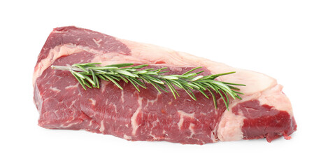 Raw beef steak and rosemary isolated on white