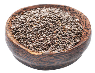 Heap of chia seeds wooden bowl on white background. File contains clipping path.