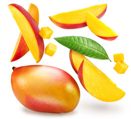 Mango fruits and mango slices levitating in air on white background. File contains clipping paths.