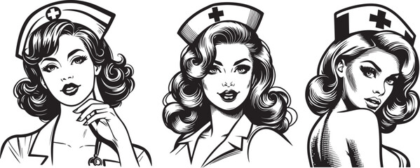 60s and 70s pin-up style portrait of a girl in a nurse outfit, enticing flirtatious look, black vector graphic - obrazy, fototapety, plakaty