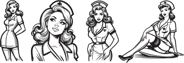 attractive pin-up women in nurse outfits, flirtatious and charming, black vector graphic