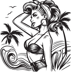 pin-up girl on a tropical beach with palm trees, black vector graphic