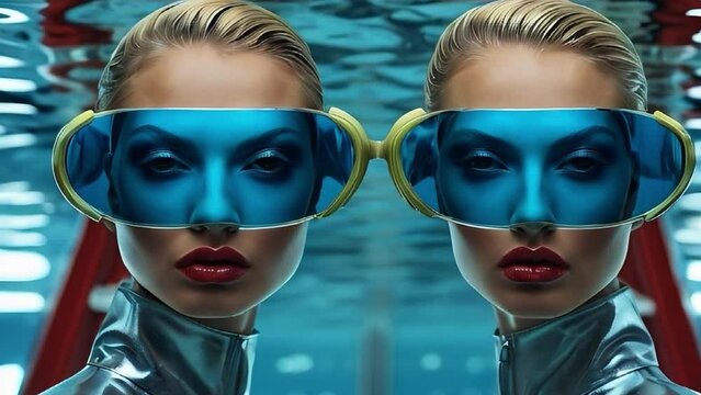 Portrait of two blonde women wearing goggles in pool underwater. Female model posing in blue latex jumpsuit in swimming pool. Mirror reflection of fashion model in water