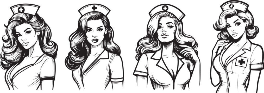 60s and 70s pin-up style portrait of a girl in a nurse outfit, enticing flirtatious look, black vector graphic