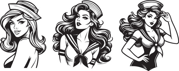 beautiful and enticing pin-up girls, coquettish and charming, black vector graphic