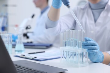 Fototapeta premium Scientist dripping sample into test tube in laboratory, closeup