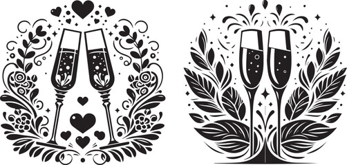 champagne glasses, wedding toast of the newlyweds, black vector graphic