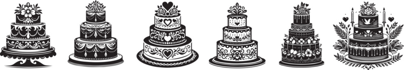wedding cake collection, sweet desserts, black vector graphic laser cutting engraving - obrazy, fototapety, plakaty