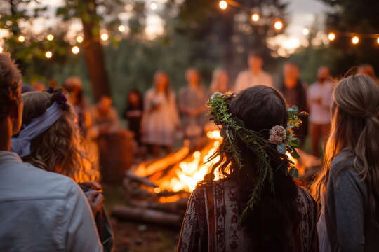 Group of friends sitting around a midsummer bonfire