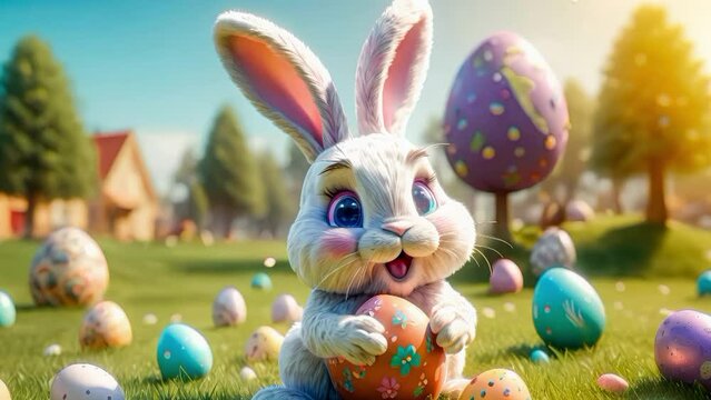 A cute and cheerful Easter bunny sits on a green lawn surrounded by Easter eggs and sweets