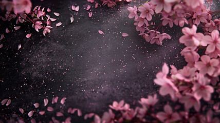 Glitter Sakura flowers on dark background with bokeh. Cherry blossom with copy space.	