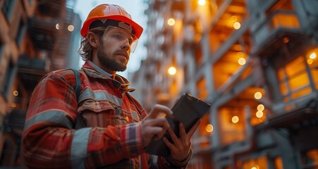 A man in a hard hat is using a tablet in a factory
