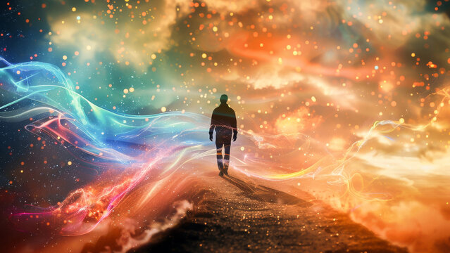 A man walking on a surreal path with vibrant, colorful cosmic energy swirling around in a dream-like fantasy setting.