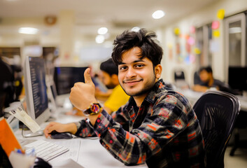 A cheerful young man giving a thumbs up at his office computer, displaying satisfaction with his work. - obrazy, fototapety, plakaty