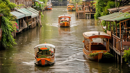 Obraz premium Scenic view of traditional boats on a bustling canal in a Bangkok floating market, with wooden houses and tourists enjoying the ride.