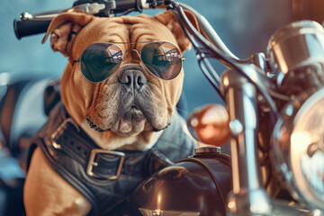 Fototapeta na wymiar The Cool Canine Biker. A bulldog exudes coolness while wearing sunglasses and sitting on a motorcycle, humorously embodying the spirit of a laid-back biker.
