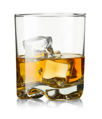 Whiskey and ice cubes in glass isolated on white