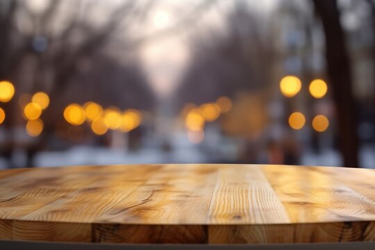The empty wooden brown table top with blur background of home room in winter. Exuberant image. generative AI