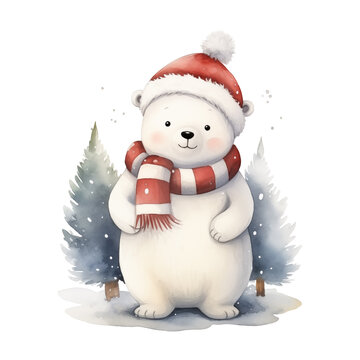 Watercolor illustration of a cheerful Christmas polar bear with Santa hat and scarf isolated on white background.