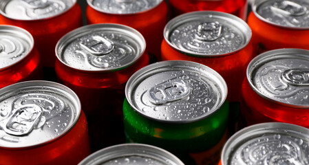 Energy drink in wet cans, closeup. Functional beverage