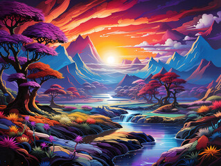 Majestic mountain range reflects vibrant colors at sunset