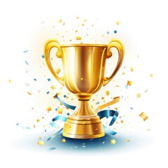 Fototapeta na wymiar gold trophy cup, blue ribbon, sequins, white background