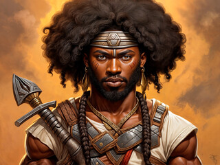  Black warrior with an afro and braids stands in front of a crowd of soldiers. - obrazy, fototapety, plakaty