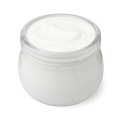 Delicious natural yogurt in glass jar isolated on white