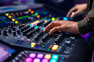 Close ups on sound engineer with studio sound and visual mixer used for media and events directing...