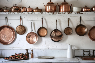 Copper dishes hanging in the white old kitchen
