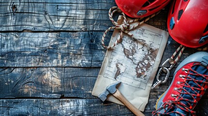 Climbing gear with helmet, hammer, carabiner, shoes on wooden background with space for text.