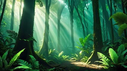 Enchanted Forest Sunlight Filtering Through Dark Canopy, Luxuriant Greenery. Mystical 3D Jungle Scene
You can add a character in the photo!