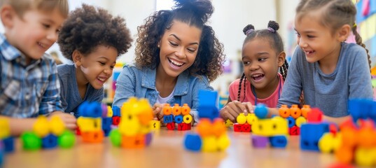 Preschool teacher leading educational play with vibrant wooden toys for children
