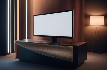 Fototapeta premium Mockup tv on cabinet in modern empty room with behind the dark blue wall. Home interior and television with blank screen, technology, mass media addiction and people concept. Copy space, empty