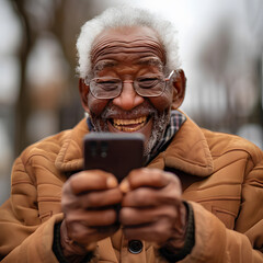 Happy senior laughing and using a phone.