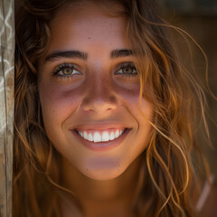 A close-up portrait of a young woman smiling on a sunny day. She has perfect teeth and is looking at the camera.