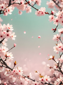 Fototapeta Spring themed background, cherry tree branches,  empty space, soft and pastel colors. Notice, message, template, notification, invitation concept. 