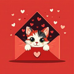 Flat logo of a playful kitten peeking out from a red envelope with hearts on a vibrant red background