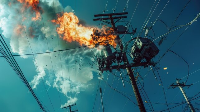 an electrical overload with a power pylon and transformer on poles emitting fire and smoke against a blue sky.