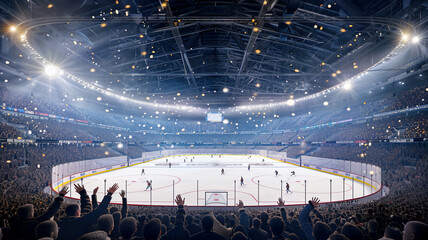 Wide angle of ice hockey fans at stadium are cheering for their team .