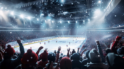 Wide angle of ice hockey fans at stadium are cheering for their team .