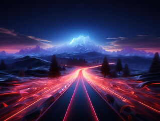 A cityscape with a road that has lights on it