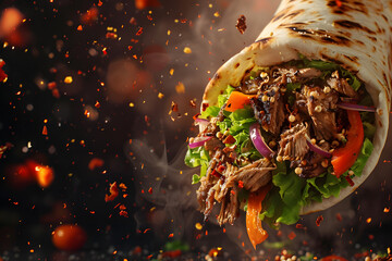 Grilled beef turkish or chicken arabic shawarma doner sandwich with flying ingredients and spices hot ready to serve and eat food.