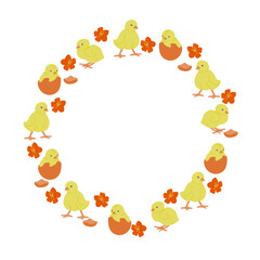 Easter flat wreath with baby chicken and flowers. Spring holiday concept. Sketchy hand drawn elements on white background. Ideal for as template for greetings, banner and background