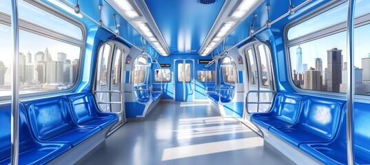Empty interior of a subway car with seats and handrails, urban public transport vehicle on tracks