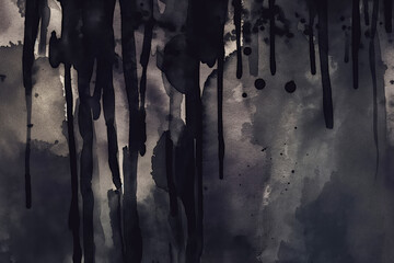 Dark watercolor drips and washes in shades of black and gray create a moody and atmospheric abstract background. - obrazy, fototapety, plakaty