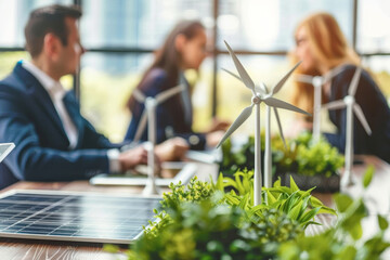 Business meeting with finance experts brainstorming eco-friendly solutions