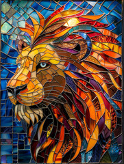 Vibrant stained glass artwork showcasing the fierce roar of a lion, depicted in a kaleidoscope of colors and intricate designs, bringing the majestic creature to life in a stunning display of stained