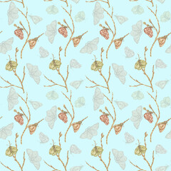 Watercolor seamless pattern on a blue background with willow and butterflies. A festive pattern, hand-drawn. For greeting cards, invitations, happy holidays and textiles