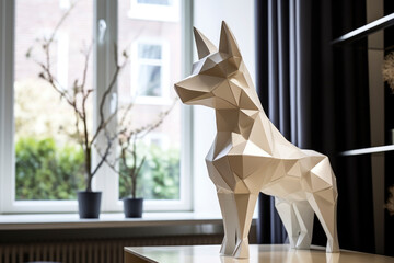 Origami animal head paper  sculpture on wall. Geometric dog figure. Modern design interior